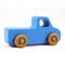 Handmade wooden toy pickup truck painted in baby blue with metallic sapphire blue trim. The truck features non-marring amber shellac wheels and is part of my Play Pal Collection. A close-up shot of the toy truck on a white background. Made to Order.
